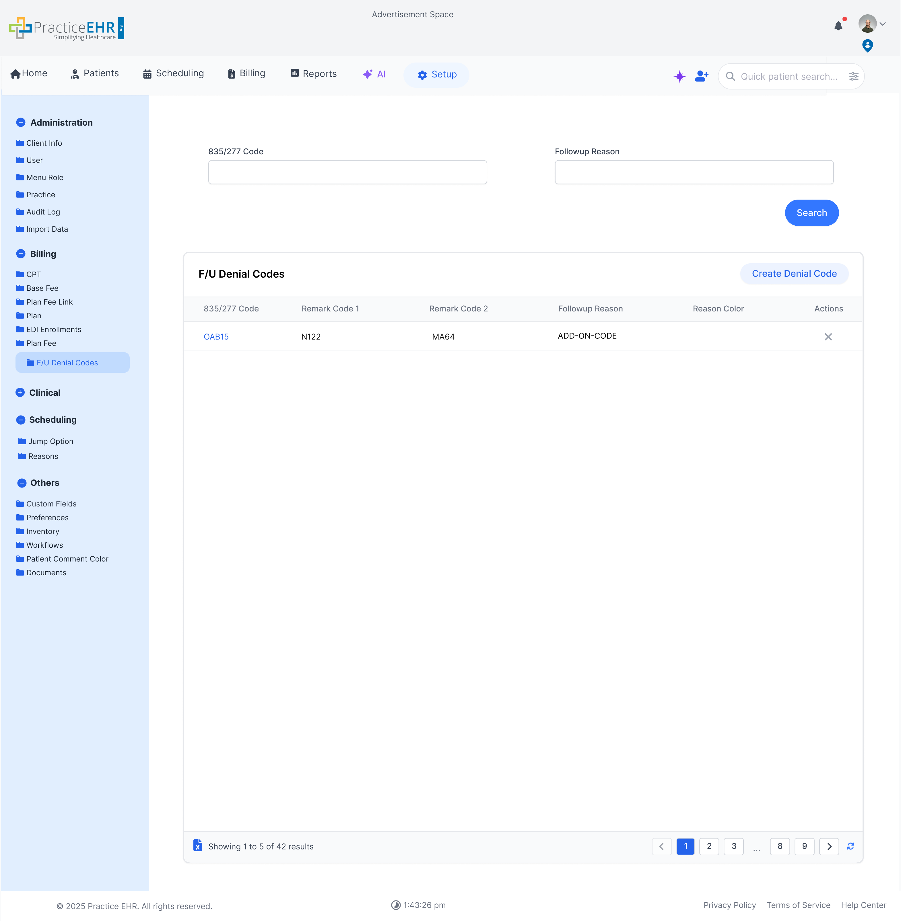 F/U Denial Codes screen